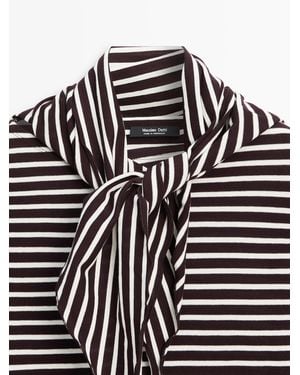 MASSIMO DUTTI Striped T-Shirt With Scarf Detail - White