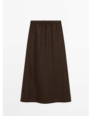 MASSIMO DUTTI 100% Linen Midi Skirt With Drawstring - Brown