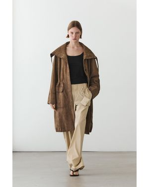 MASSIMO DUTTI Suede Leather High Neck Parka - Brown