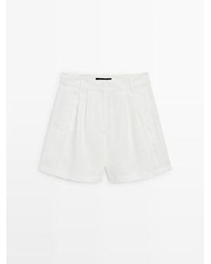MASSIMO DUTTI Lange 100% Linnen Bermuda Met Bandplooi - Wit