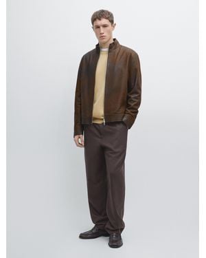 MASSIMO DUTTI Napped Suede Leather Jacket - Brown