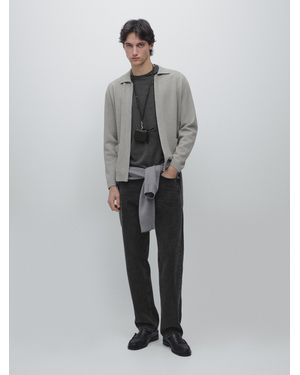 MASSIMO DUTTI Zip-Up Knit Cotton And Wool Blend Cardigan With Pockets - Grey