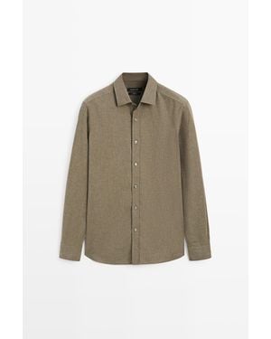 MASSIMO DUTTI 100% Cotton Melange Twill Regular Fit Shirt - Natural