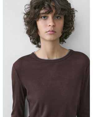 MASSIMO DUTTI Long Sleeve T-Shirt With Double Layer Trim - Gray