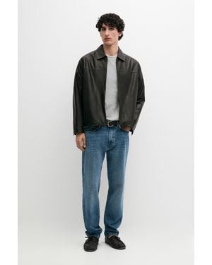 MASSIMO DUTTI Distressed Effect Leather Jacket - Black