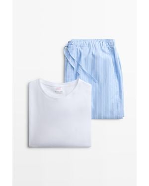 MASSIMO DUTTI Short Sleeve Pyjama Top And Striped Trousers - Blue