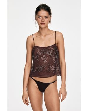 MASSIMO DUTTI Flowing Strappy Top With Embroidered Detail - Brown