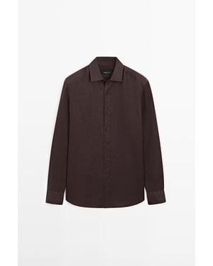 MASSIMO DUTTI Slim Fit 100% Linnen Overhemd - Bruin