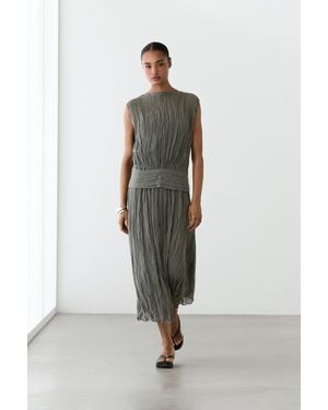 MASSIMO DUTTI Textured Flowing Fabric Dress With Sash Belt - Gray