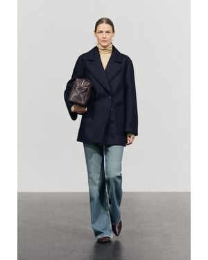 MASSIMO DUTTI Mid-Length Double-Breasted Coat - Blue