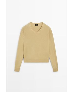MASSIMO DUTTI 100% Wool V-Neck Knit Sweater - Natural