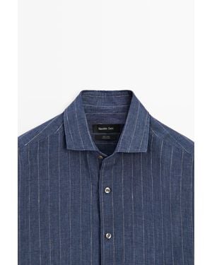 MASSIMO DUTTI Regular Fit Striped Delave 100% Linen Shirt - Blue