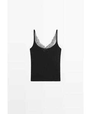 MASSIMO DUTTI Strappy Lace-Trimmed Camisole Top - Black