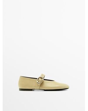 MASSIMO DUTTI Leather Ballet Flats With Buckle - White