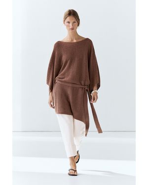 MASSIMO DUTTI Cotton Knit Belted Sweater - Brown