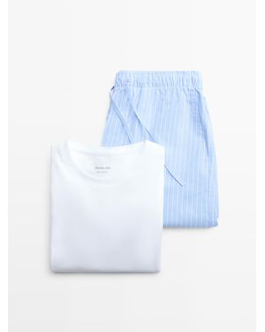 MASSIMO DUTTI Short Sleeve Pyjama Top And Striped Trousers - Blue