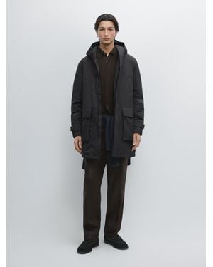 MASSIMO DUTTI Parka Larga Capucha Mezcla Plumón Water Repellent - Negro