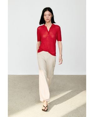 MASSIMO DUTTI Open-Knit Polo Sweater - Red