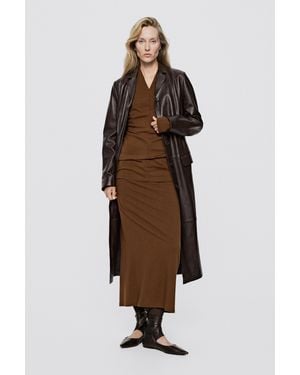 MASSIMO DUTTI Stretch Long Sleeve V-Neck Top - Brown