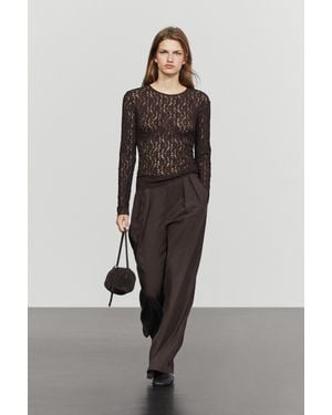 MASSIMO DUTTI Long Sleeve Lace Detail T-Shirt - Brown