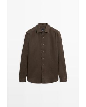 MASSIMO DUTTI Slim Fit 100% Linnen Overhemd - Bruin