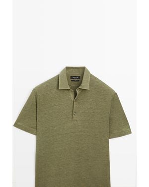MASSIMO DUTTI 100% Linen Short Sleeve Polo Shirt - Green