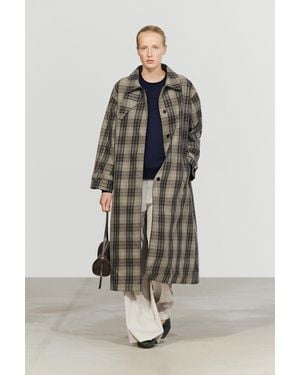 MASSIMO DUTTI Trench Larga Cuadros Mezcla Algodón - Azul