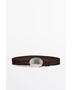MASSIMO DUTTI Textured Nappa Leather Belt With Oval Buckle - White