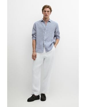 MASSIMO DUTTI 100% Linen Regular Fit Gingham Shirt - Blue