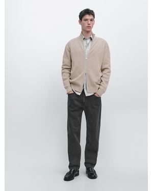 MASSIMO DUTTI Cotton Zip-Up Knit Cardigan - White