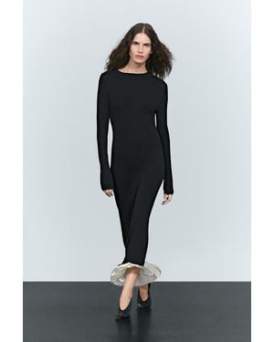 MASSIMO DUTTI Robe Midi À Manches Longues, Détail Contrastant - Noir