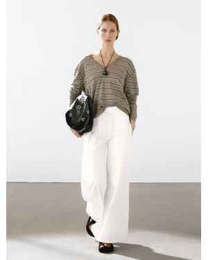 MASSIMO DUTTI Jersey Punto Rayas 100% Lino - Blanco