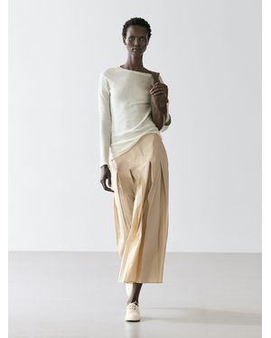MASSIMO DUTTI Cotton Box Pleat Midi Skirt - Natural