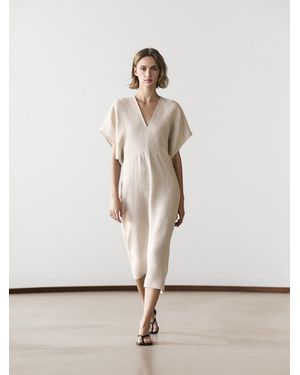 MASSIMO DUTTI Lightweight Linen Short Sleeve Midi Dress - White