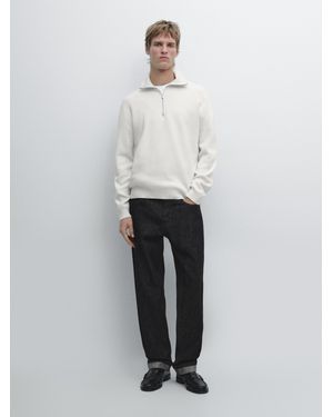 MASSIMO DUTTI Cotton Mock Neck Zip-Up Knit Jumper - White