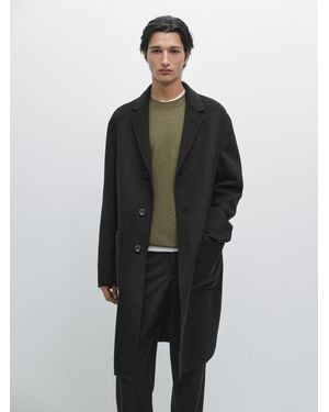 MASSIMO DUTTI Long Double Wool Blend Coat With Lapel - Black