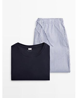 MASSIMO DUTTI Short Sleeve Pyjama Top And Striped Trousers - Blue