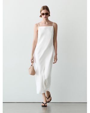 MASSIMO DUTTI 100% Linen Midi Dress With Straight Neckline - White