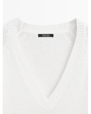 MASSIMO DUTTI Cotton Blend V-Neck Knit Jumper - White