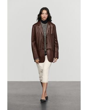 MASSIMO DUTTI Nappa Leather Blazer With Pockets - Brown