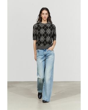 MASSIMO DUTTI Cashmere Blend Short Sleeve Diamond Knit Jumper - Grey