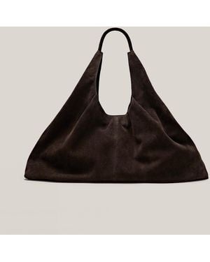 MASSIMO DUTTI Maxi Split Suede Leather Tote Bag - Black