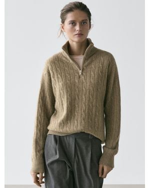 MASSIMO DUTTI Cashmere Knit Quarter-Zip Jumper With High Neck - Natural