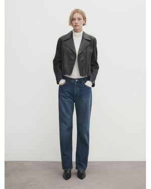 MASSIMO DUTTI Leather Biker Jacket - Blue