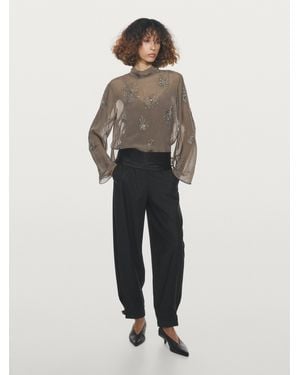 MASSIMO DUTTI Embroidered Semi-Sheer Blouse - Brown