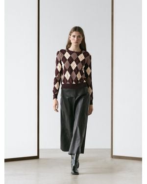 MASSIMO DUTTI Cotton Knit Jumper With Argyle Detail - White