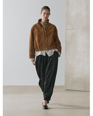 MASSIMO DUTTI Short Suede Leather Bomber Jacket - Multicolour