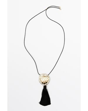 MASSIMO DUTTI Leather Cord Shell Necklace With Tassel - Blue