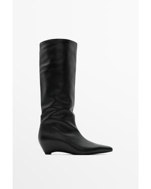 MASSIMO DUTTI Leather Wedge Heel Boot - Black
