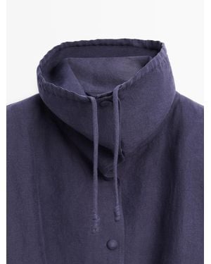 MASSIMO DUTTI 100% Linen Bomber Jacket With Neck Detail - Blue